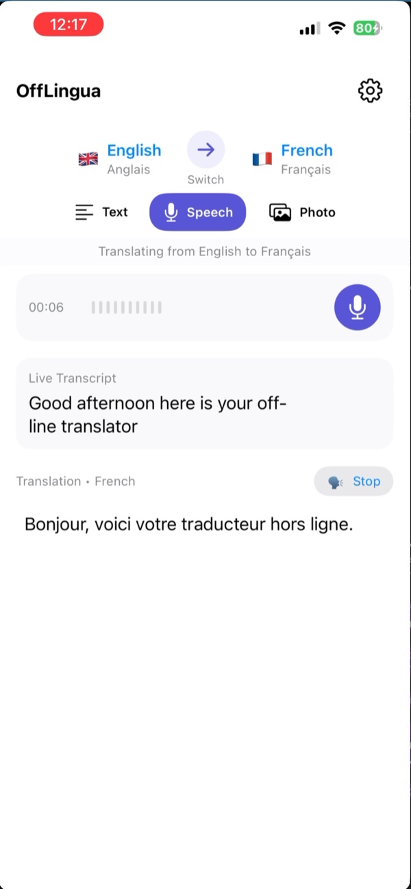 Modul Voce din OffLingua, cu o transcriere în engleză și traducerea în franceză.