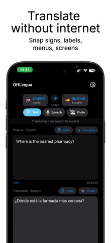 Captură App Store: traducerea unui mesaj din engleză în spaniolă în OffLingua.